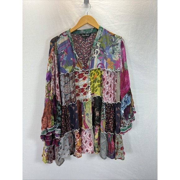Young Threads Tops - Young Threads Boho Hippie Gypsie Patchwork Tiered Tunic Sz XL Sheer Top Festival